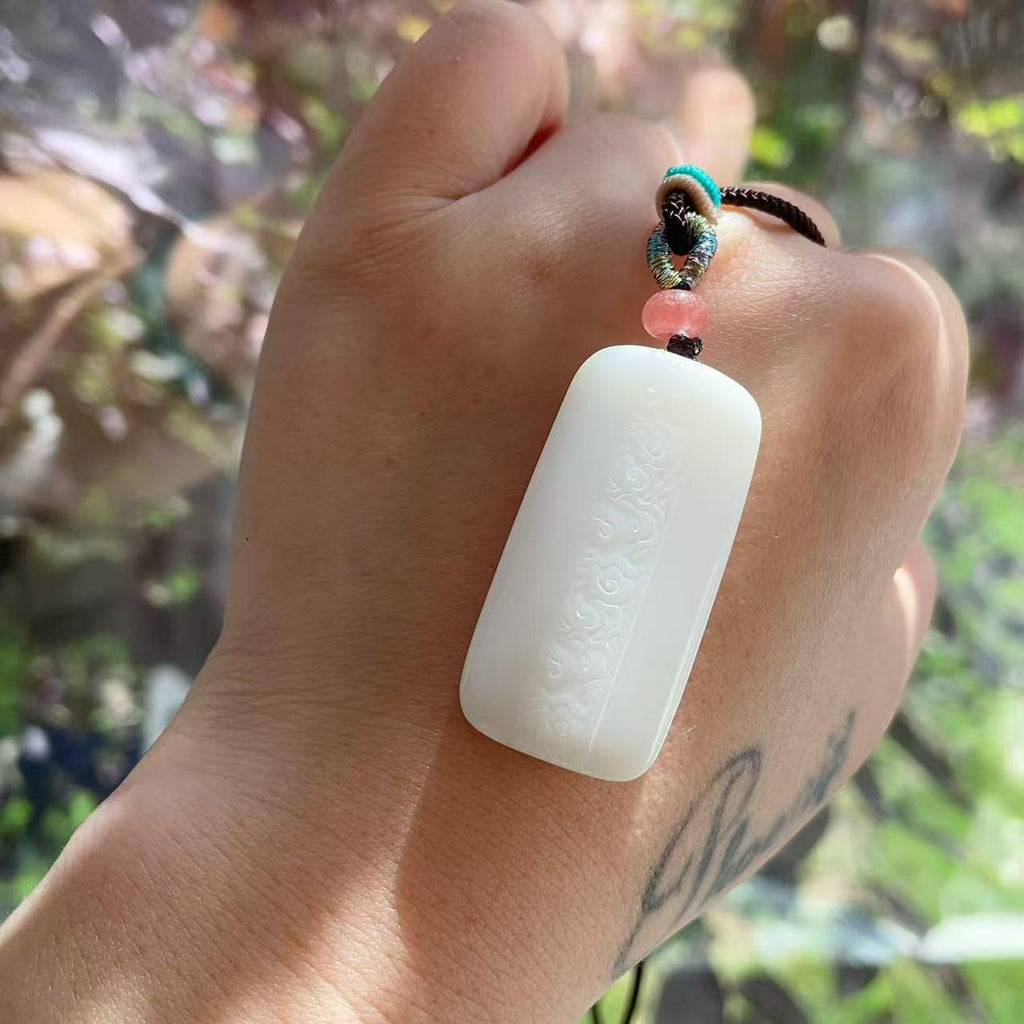 Certified Natural Creamy White Nephrite Jade Pendant | Double-Sided Auspicious Cloud Carving | Certified Jade Amulet Necklace