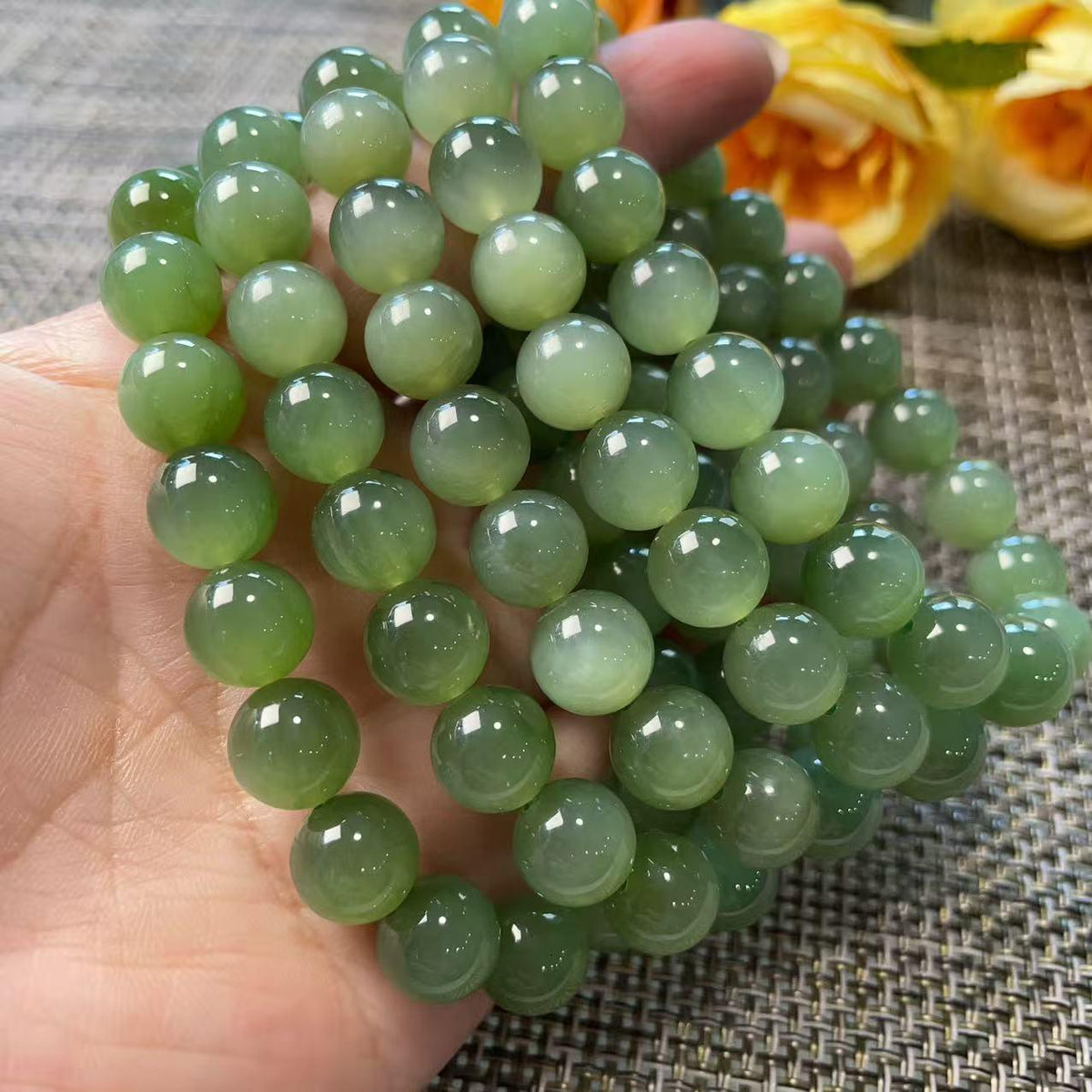Natural Nephrite Jade Bracelet | Soft Moss Green 10mm Beads | Semi-Translucent Gemstone | Certified Premium Grade Jade | Jade Jewelry
