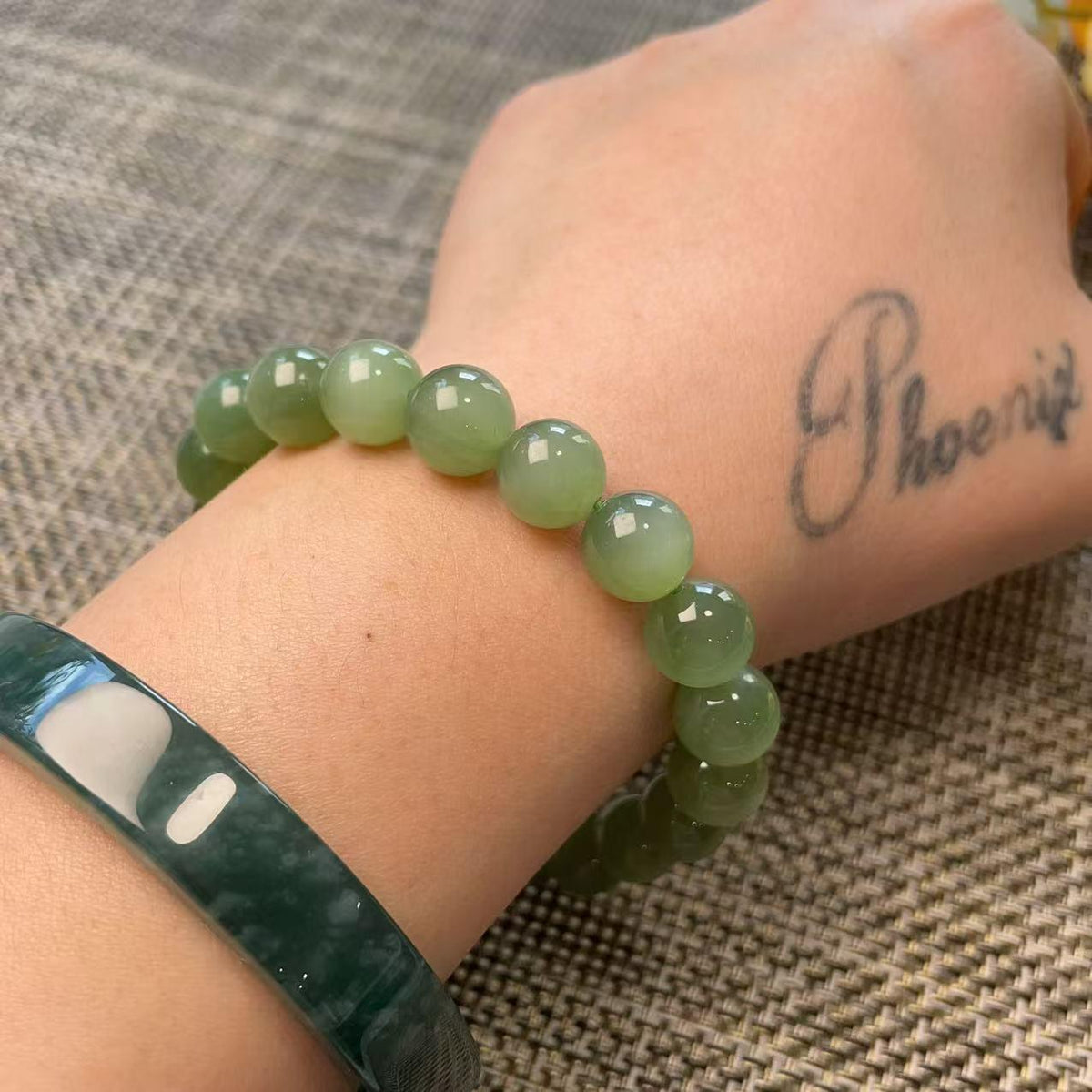 Natural Nephrite Jade Bracelet | Soft Moss Green 10mm Beads | Semi-Translucent Gemstone | Certified Premium Grade Jade | Jade Jewelry