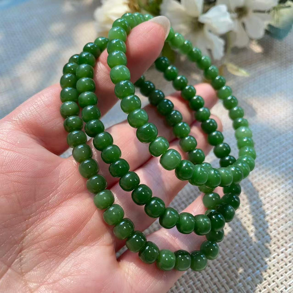 Natural 6mm Spinach Green Nephrite Jade Bracelet | Certified Slim Green Jade Bead Bracelet | Stretch Bracelet | Everyday Jewelry