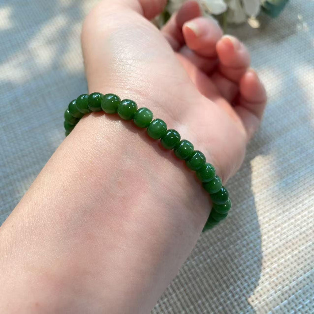 Natural 6mm Spinach Green Nephrite Jade Bracelet | Certified Slim Green Jade Bead Bracelet | Stretch Bracelet | Everyday Jewelry