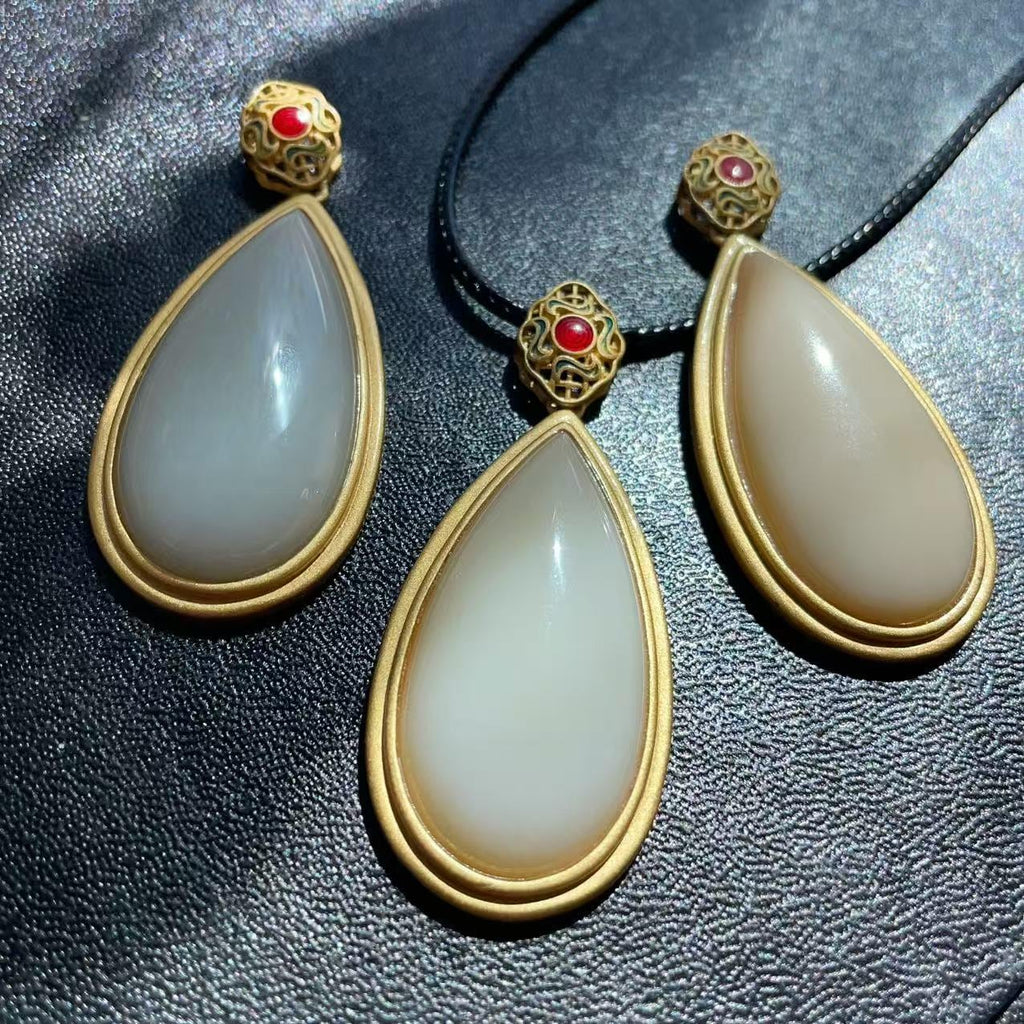 Certified Natural Nephrite Jade Teardrop Pendant Necklace, Cream White Jade, 925 Silver, Handmade Statement Necklace Gift, Real Jade Gift