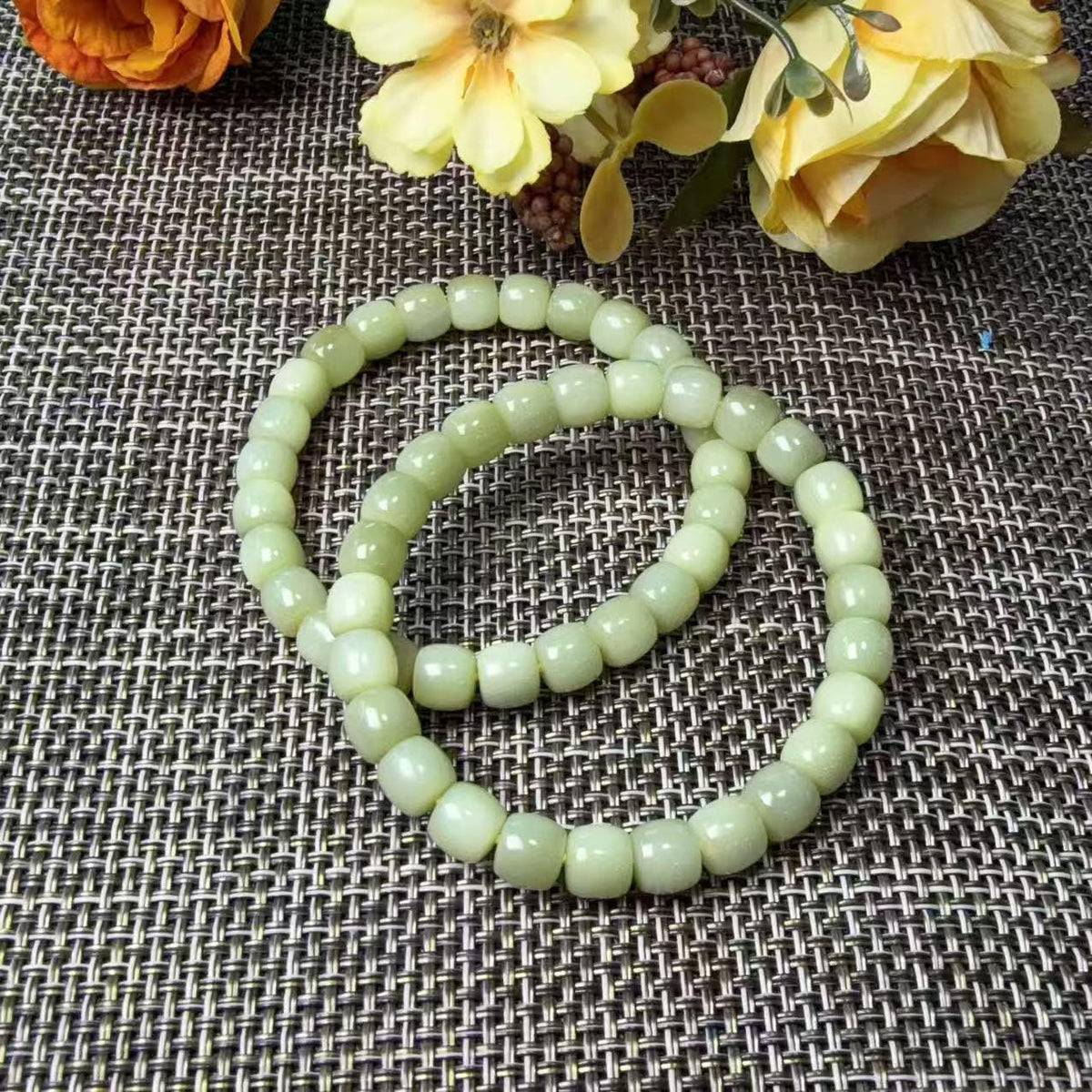 Natural Yellow Jade Barrel Bead Bracelet | Certified Yellow Jade Bracelet | Genuine Jade Stretch Bracelet | Minimalist Everyday Jewelry