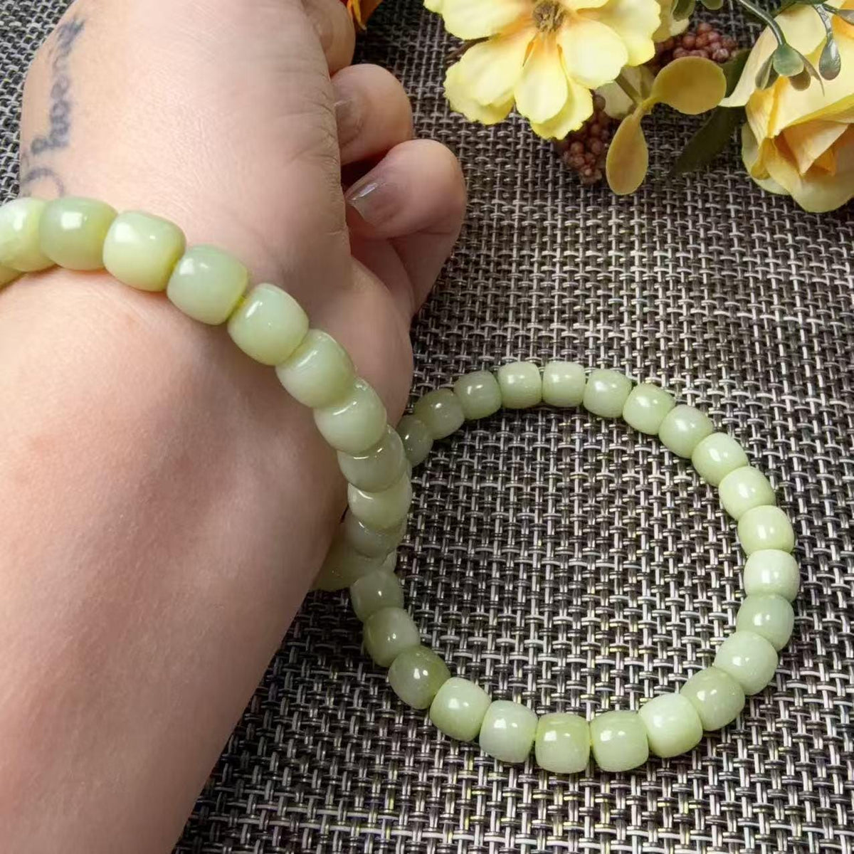 Natural Yellow Jade Barrel Bead Bracelet | Certified Yellow Jade Bracelet | Genuine Jade Stretch Bracelet | Minimalist Everyday Jewelry
