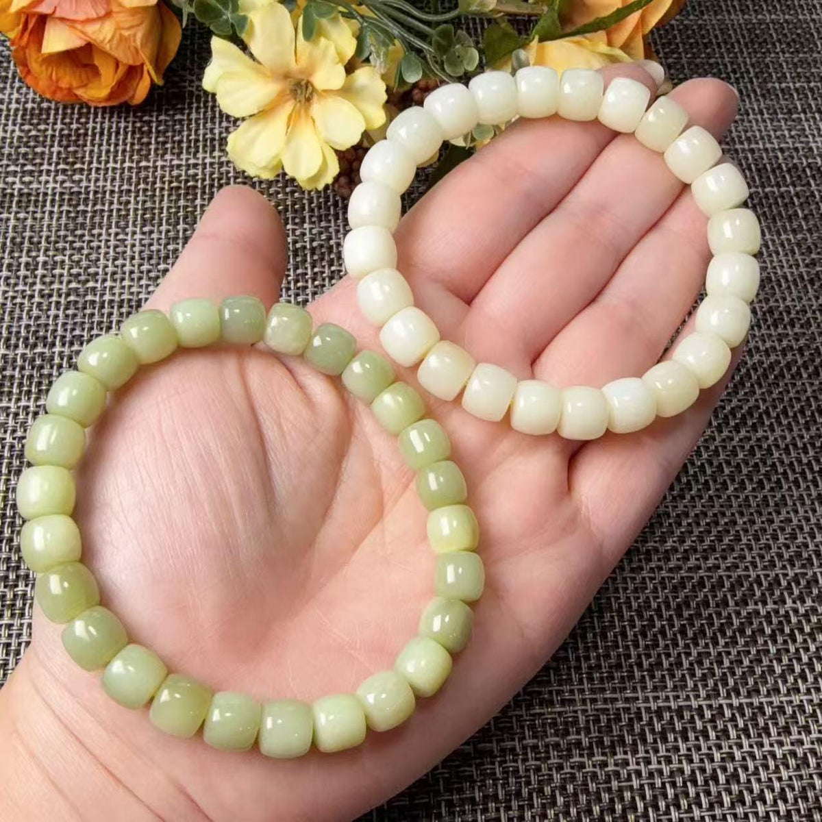 Natural Yellow Jade Barrel Bead Bracelet | Certified Yellow Jade Bracelet | Genuine Jade Stretch Bracelet | Minimalist Everyday Jewelry