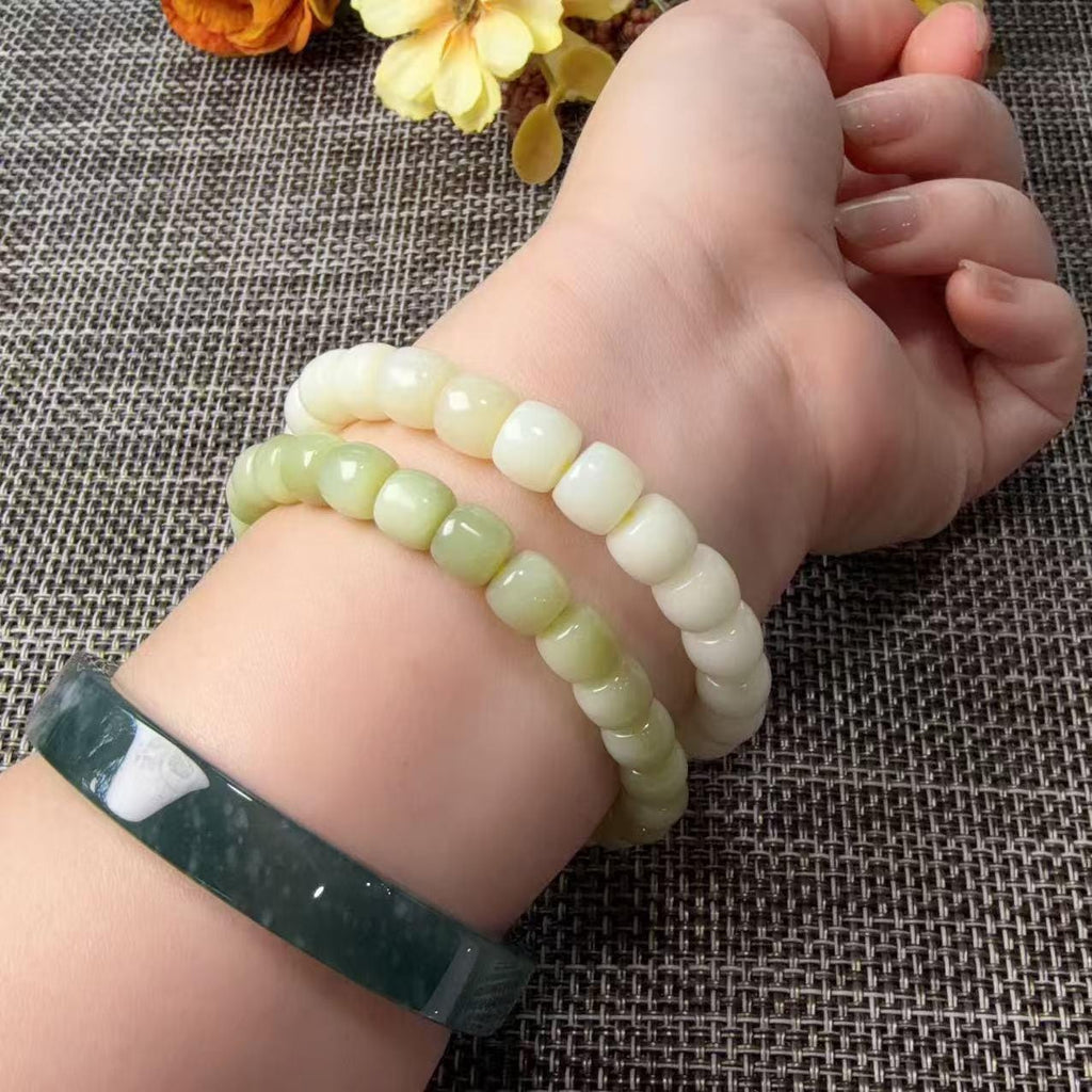 Natural Yellow Jade Barrel Bead Bracelet | Certified Yellow Jade Bracelet | Genuine Jade Stretch Bracelet | Minimalist Everyday Jewelry