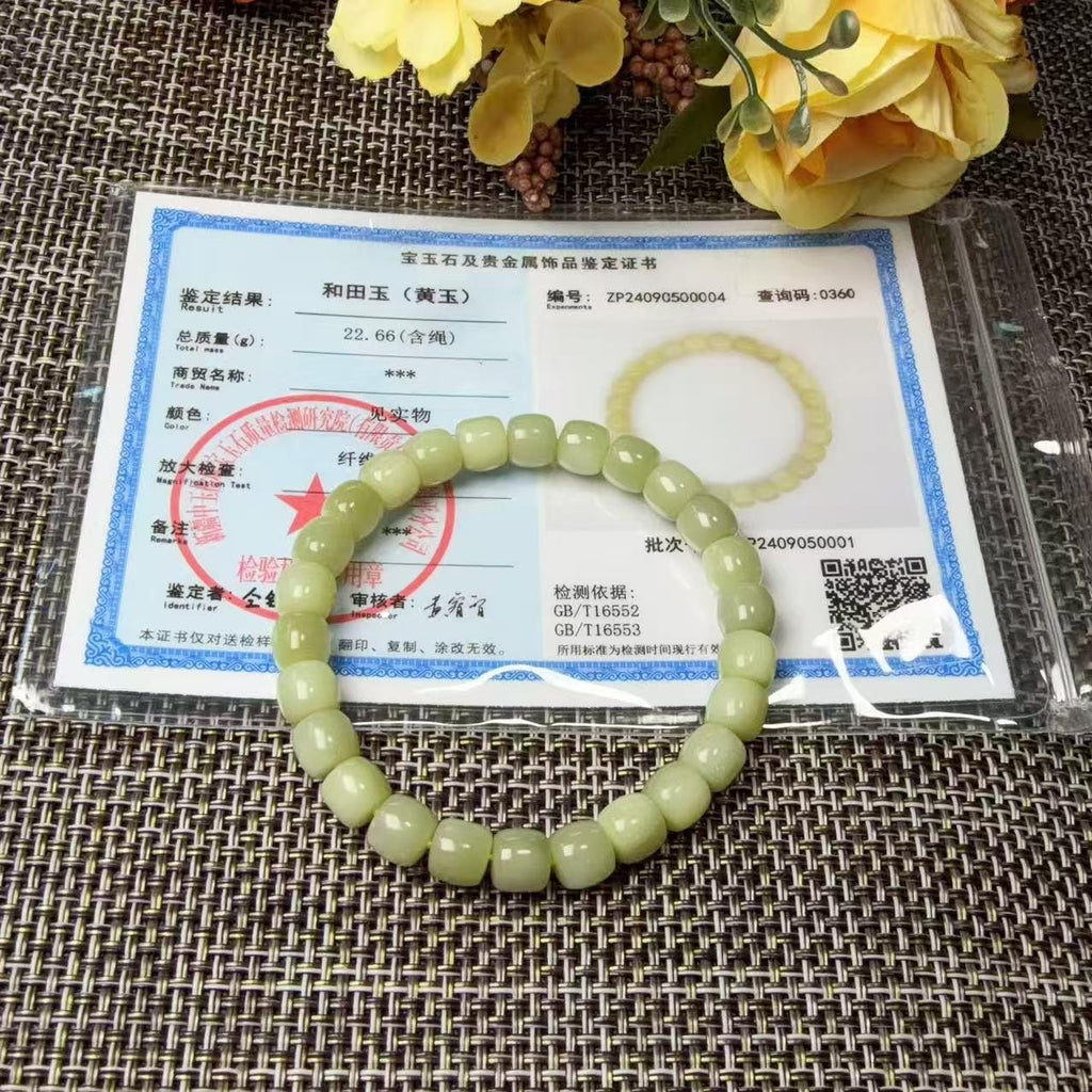Natural Yellow Jade Barrel Bead Bracelet | Certified Yellow Jade Bracelet | Genuine Jade Stretch Bracelet | Minimalist Everyday Jewelry