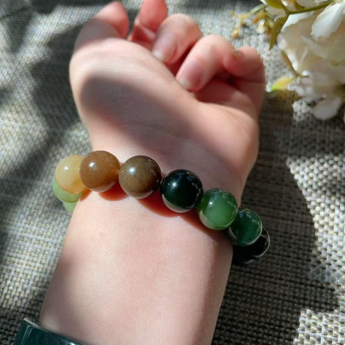 Natural Multicolor Nephrite Jade Beaded Bracelet 12mm | Certified Jade Gemstone Stretch Bracelet | Unisex Lucky Stone Gift