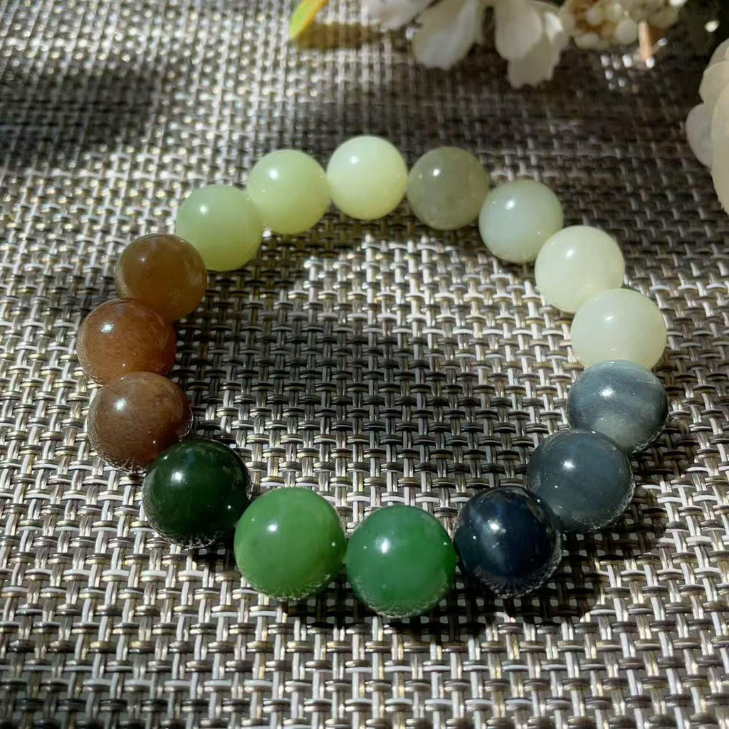 Natural Multicolor Nephrite Jade Beaded Bracelet 12mm | Certified Jade Gemstone Stretch Bracelet | Unisex Lucky Stone Gift
