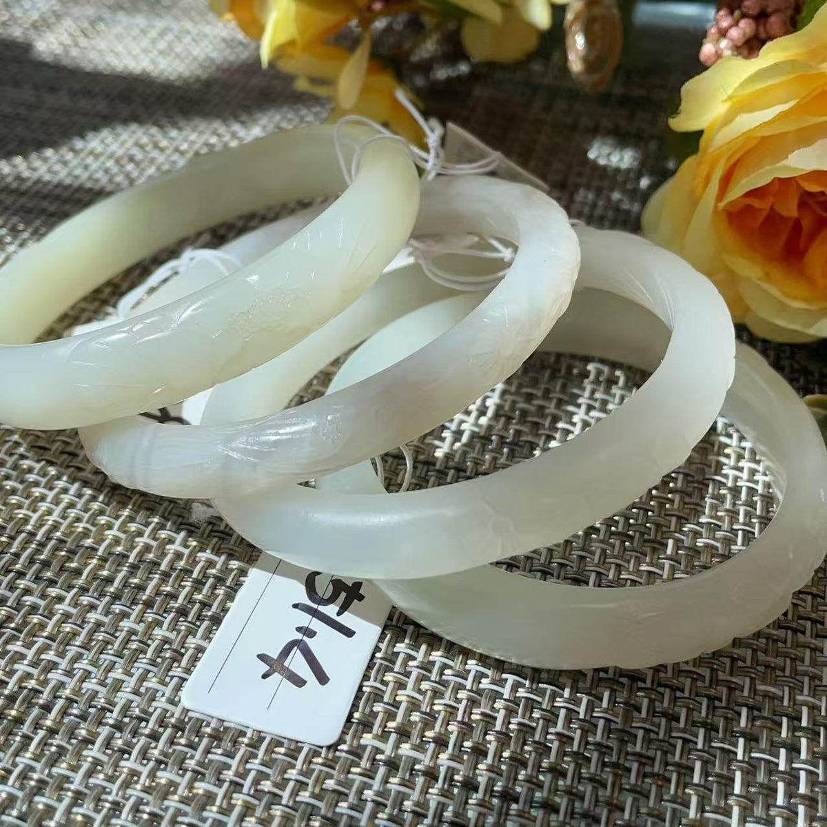 Deal! Natural White Jade Carved Bangle | Floral Jade Bracelet | Slim Round Bangle | Small Size Jade Jewelry | Handmade Gemstone Bracelet