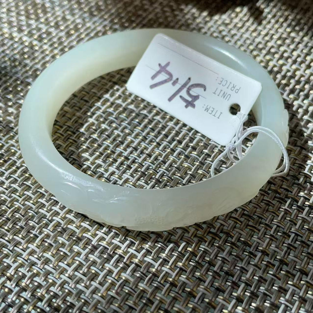 Deal! Natural White Jade Carved Bangle | Floral Jade Bracelet | Slim Round Bangle | Small Size Jade Jewelry | Handmade Gemstone Bracelet