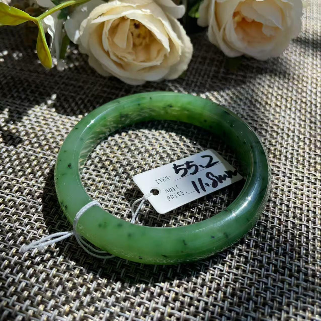Natural Nephrite Jade Bangle Bracelet | Rich Green Jade with Natural Black Inclusions | 55.2mm Round Bangle | Certified Genuine Jade Gift