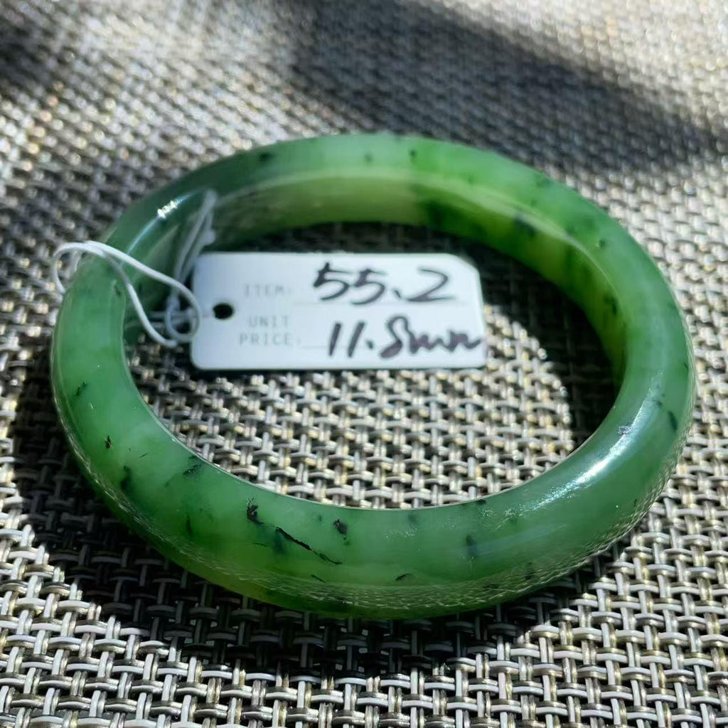 Natural Nephrite Jade Bangle Bracelet | Rich Green Jade with Natural Black Inclusions | 55.2mm Round Bangle | Certified Genuine Jade Gift