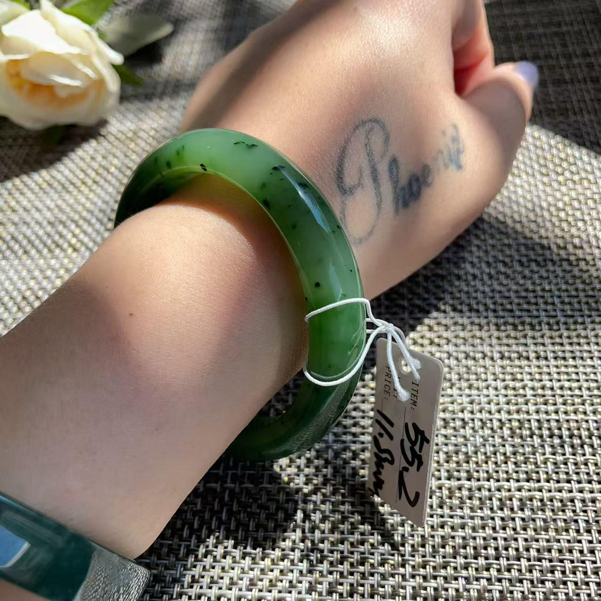 Natural Nephrite Jade Bangle Bracelet | Rich Green Jade with Natural Black Inclusions | 55.2mm Round Bangle | Certified Genuine Jade Gift