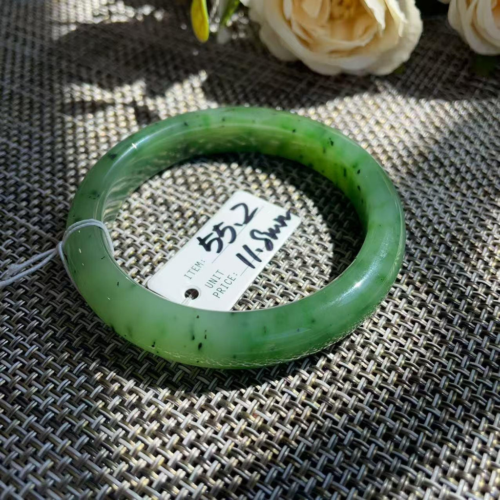 Natural Nephrite Jade Bangle Bracelet | Rich Green Jade with Natural Black Inclusions | 55.2mm Round Bangle | Certified Genuine Jade Gift