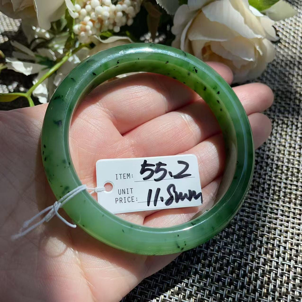 Natural Nephrite Jade Bangle Bracelet | Rich Green Jade with Natural Black Inclusions | 55.2mm Round Bangle | Certified Genuine Jade Gift