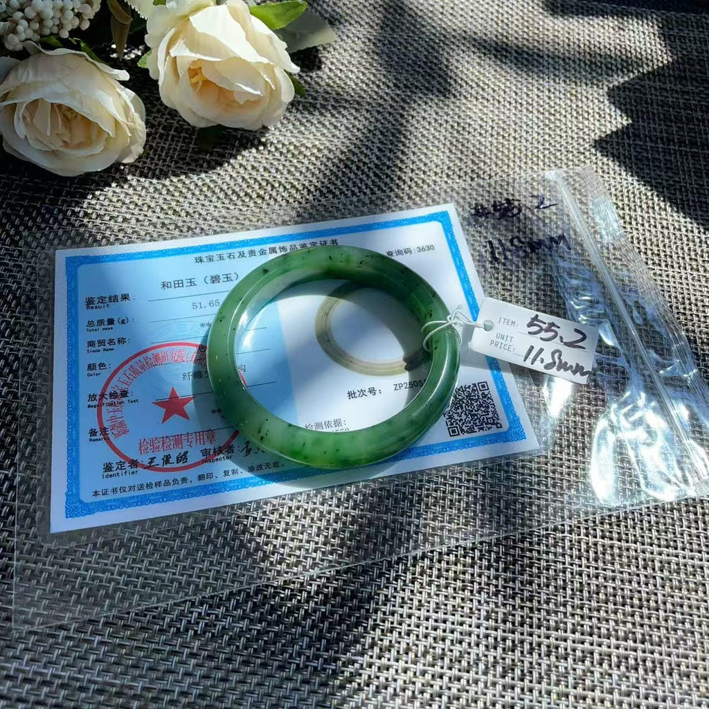 Natural Nephrite Jade Bangle Bracelet | Rich Green Jade with Natural Black Inclusions | 55.2mm Round Bangle | Certified Genuine Jade Gift