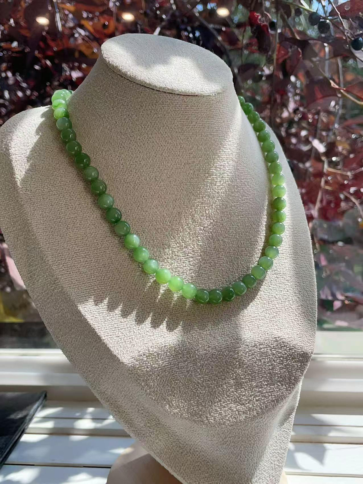 Natural Icy Green Nephrite Jade Beaded Necklace | 7.5–8mm Round Beads | High Grade Jade | Certified Green Jade Jewelry
