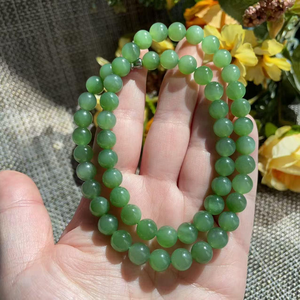 Natural Icy Green Nephrite Jade Beaded Necklace | 7.5–8mm Round Beads | High Grade Jade | Certified Green Jade Jewelry