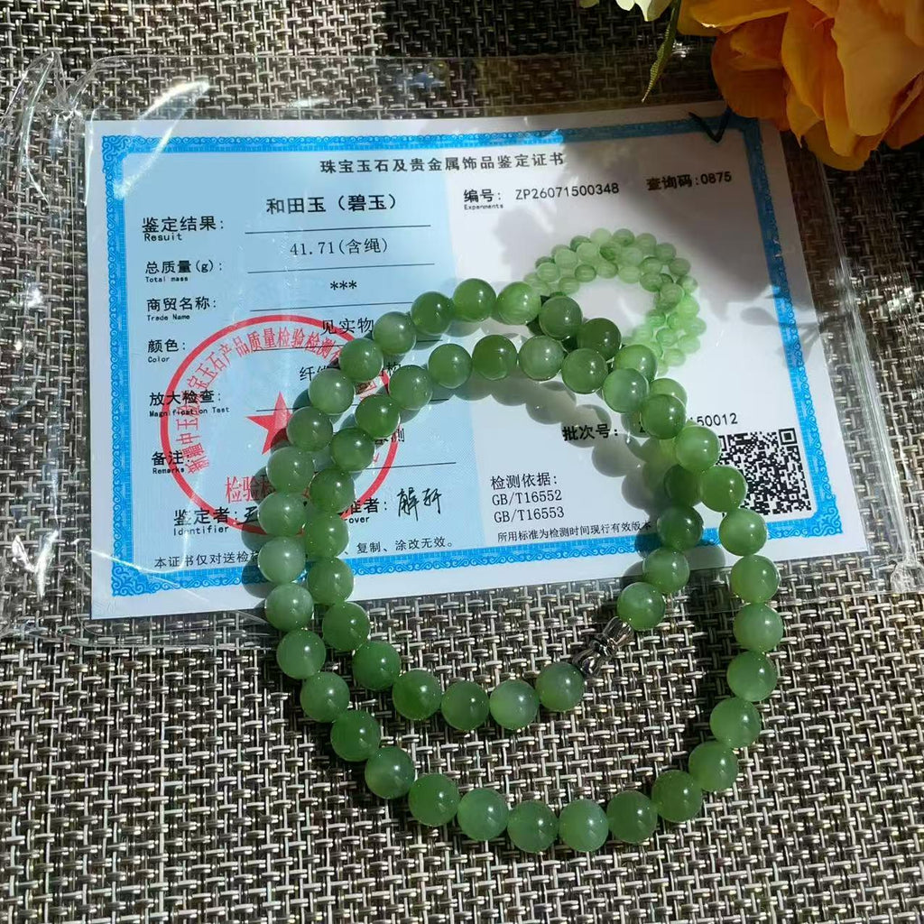 Natural Icy Green Nephrite Jade Beaded Necklace | 7.5–8mm Round Beads | High Grade Jade | Certified Green Jade Jewelry