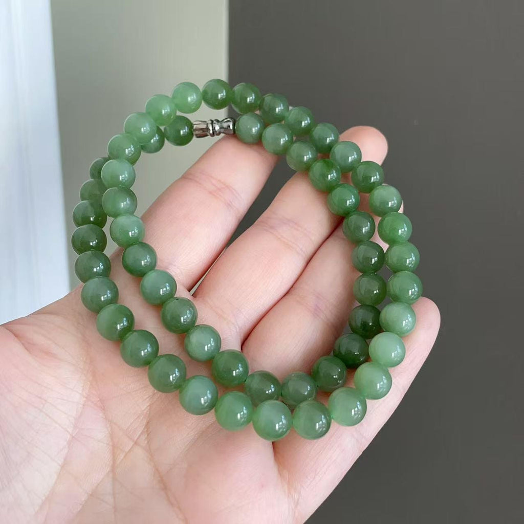 Natural Icy Green Nephrite Jade Beaded Necklace | 7.5–8mm Round Beads | High Grade Jade | Certified Green Jade Jewelry