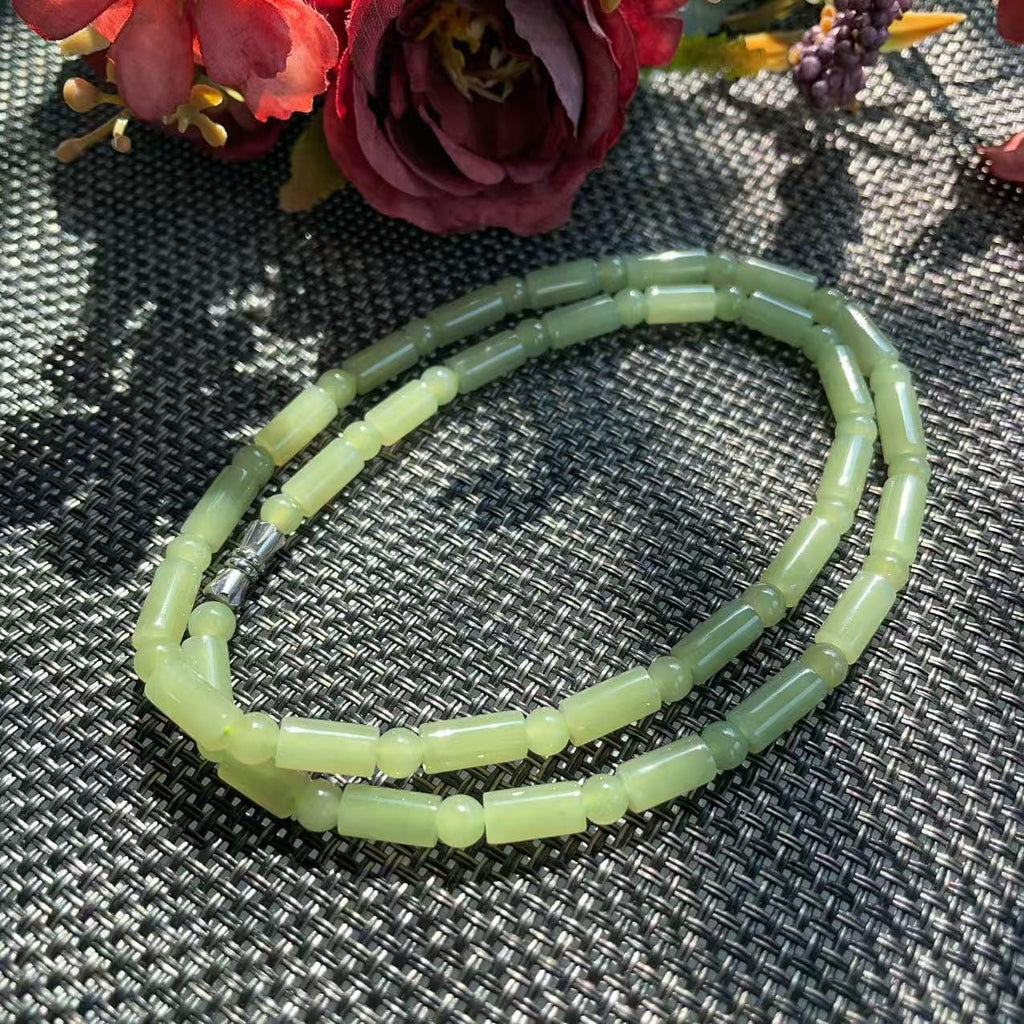 Natural Soft Green Nephrite Jade Necklace | Barrel & Round Beads | 18" Jade Necklace | Minimalist Green Jade Jewelry | Certified