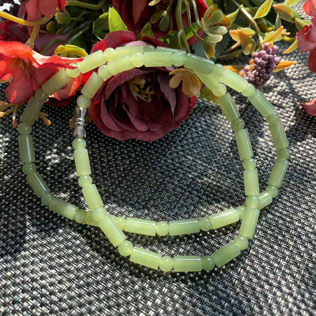Natural Soft Green Nephrite Jade Necklace | Barrel & Round Beads | 18" Jade Necklace | Minimalist Green Jade Jewelry | Certified