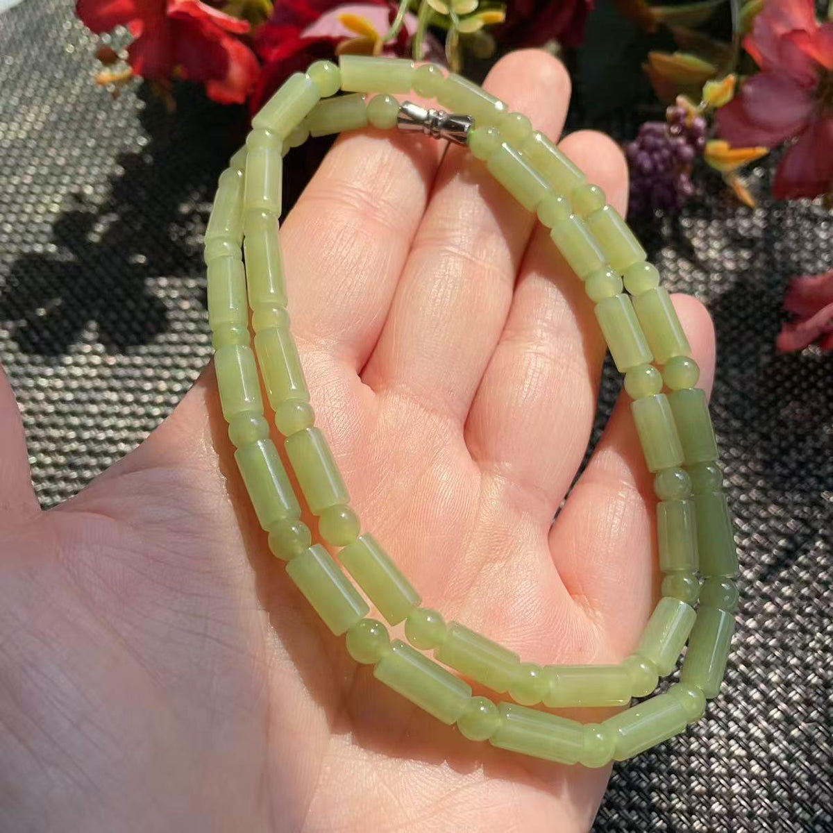 Natural Soft Green Nephrite Jade Necklace | Barrel & Round Beads | 18" Jade Necklace | Minimalist Green Jade Jewelry | Certified