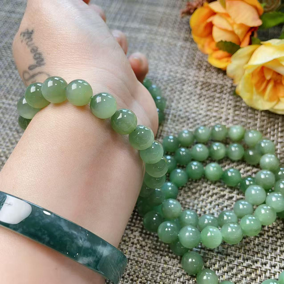 Natural Nephrite Jade Bracelet | Soft Moss Green 10mm Beads | Semi-Translucent Gemstone | Certified Premium Grade Jade | Jade Jewelry