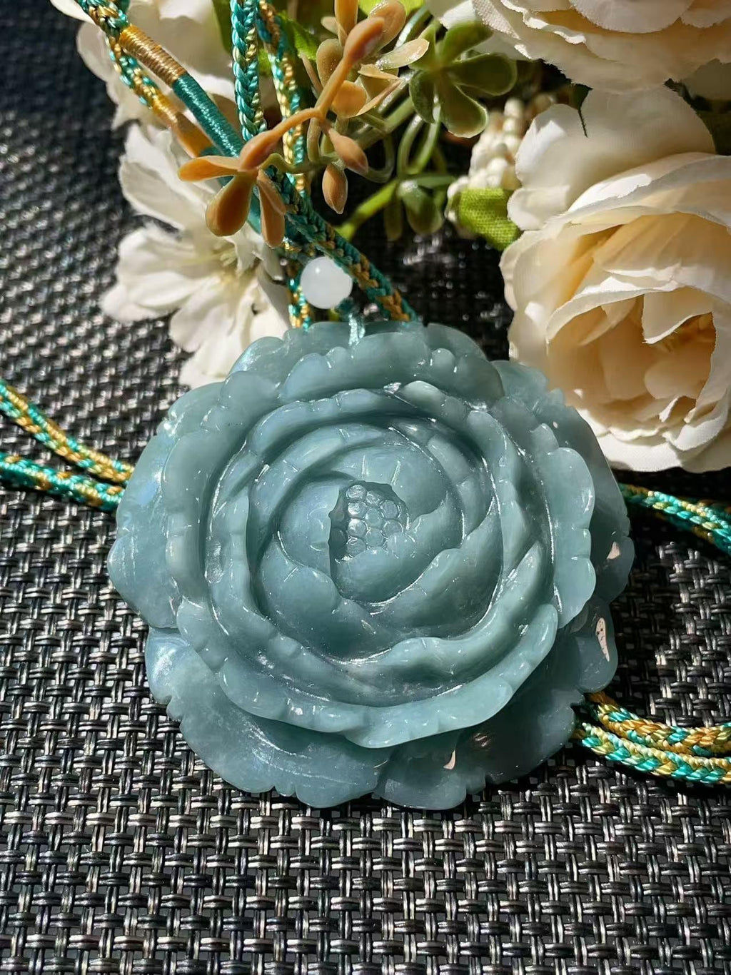Natural Blue Green Jadeite Rose Pendant Necklace, Hand Carved Flower Jade Pendant, Large Jade Necklace, Adjustable Cord, Gift for Her