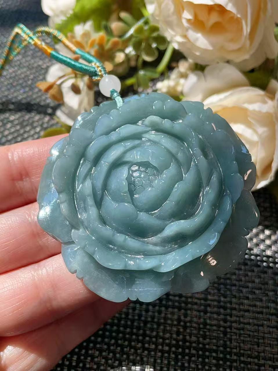 Natural Blue Green Jadeite Rose Pendant Necklace, Hand Carved Flower Jade Pendant, Large Jade Necklace, Adjustable Cord, Gift for Her