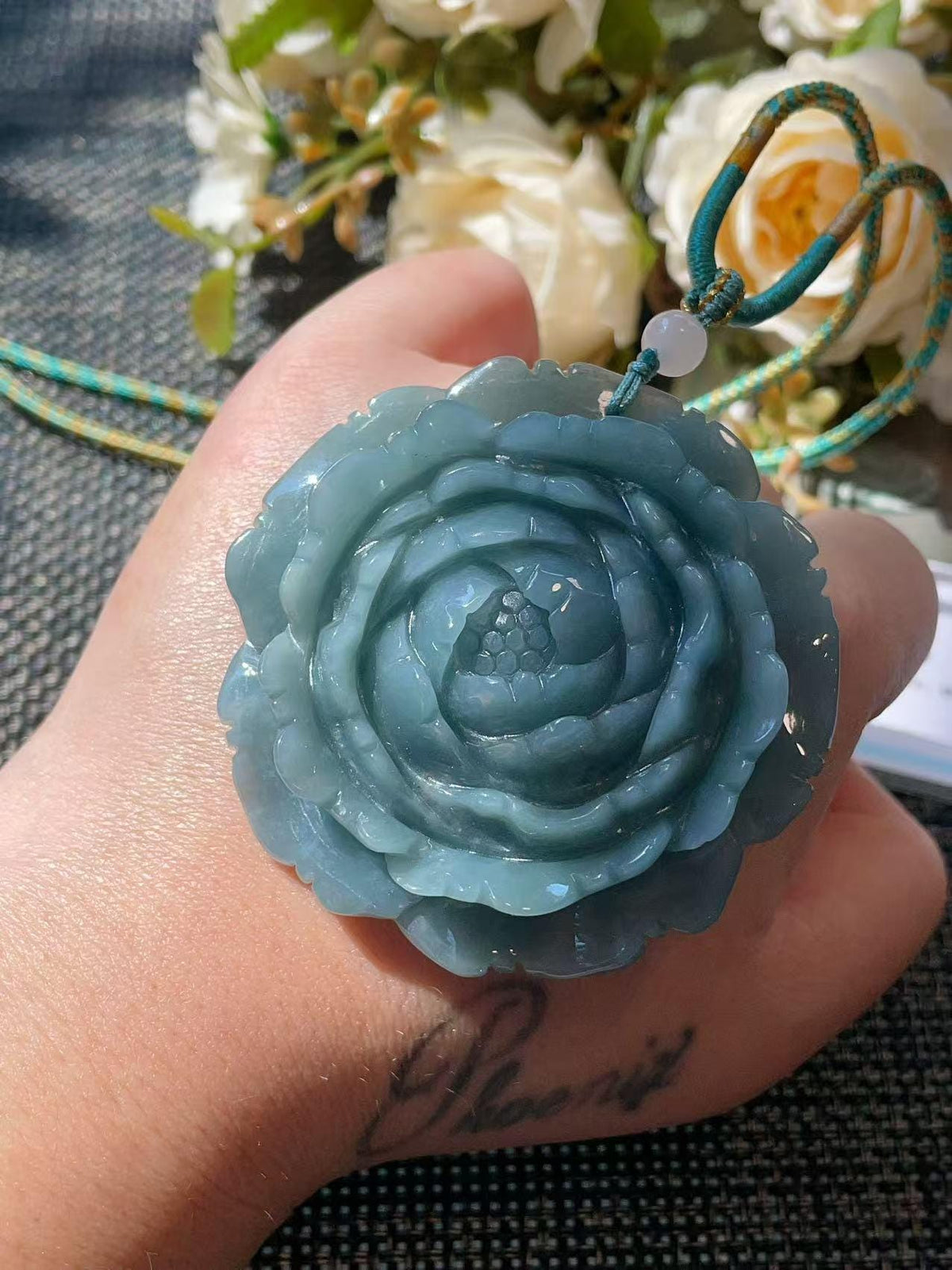Natural Blue Green Jadeite Rose Pendant Necklace, Hand Carved Flower Jade Pendant, Large Jade Necklace, Adjustable Cord, Gift for Her