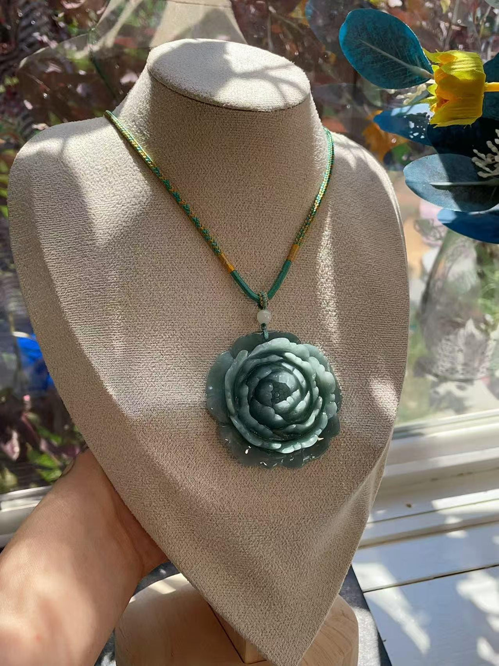 Natural Blue Green Jadeite Rose Pendant Necklace, Hand Carved Flower Jade Pendant, Large Jade Necklace, Adjustable Cord, Gift for Her