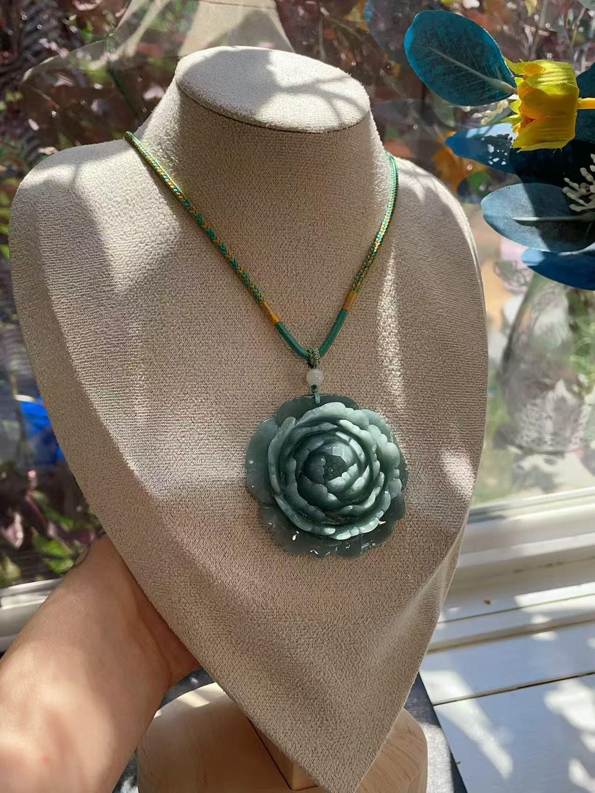 Natural Blue Green Jadeite Rose Pendant Necklace, Hand Carved Flower Jade Pendant, Large Jade Necklace, Adjustable Cord, Gift for Her
