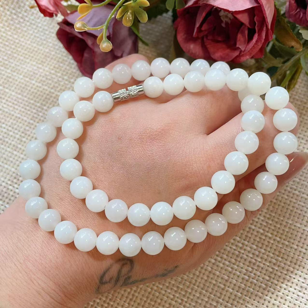 Natural White Jade 8mm Necklace, Creamy White Beaded Jade Necklace, Certified Minimalist Jade Chain, 8mm Nephrite White Jade, Jade Gift