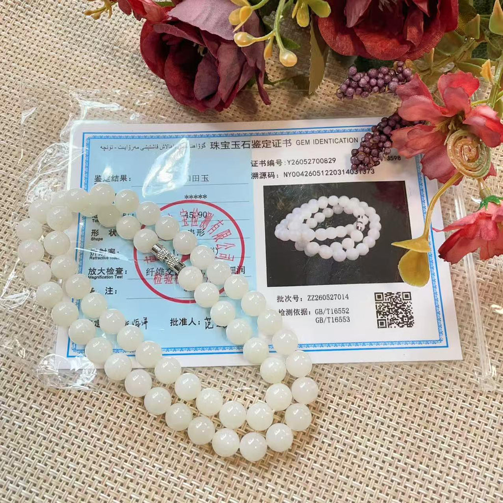 Natural White Jade 8mm Necklace, Creamy White Beaded Jade Necklace, Certified Minimalist Jade Chain, 8mm Nephrite White Jade, Jade Gift