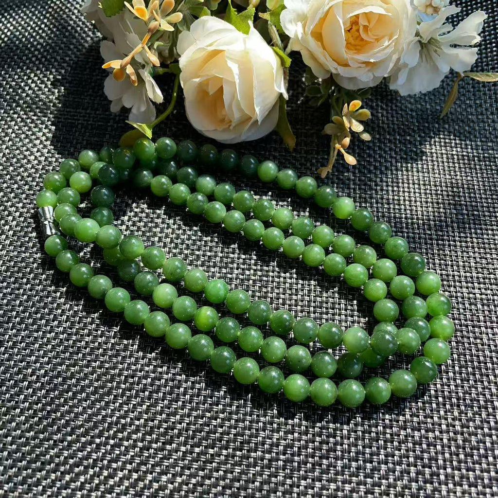 Natural Nephrite Jade Long Necklace | 36" Spinach Green Beaded Necklace | 8mm Round Jade Beads | Certified Real Jade Chain Necklace