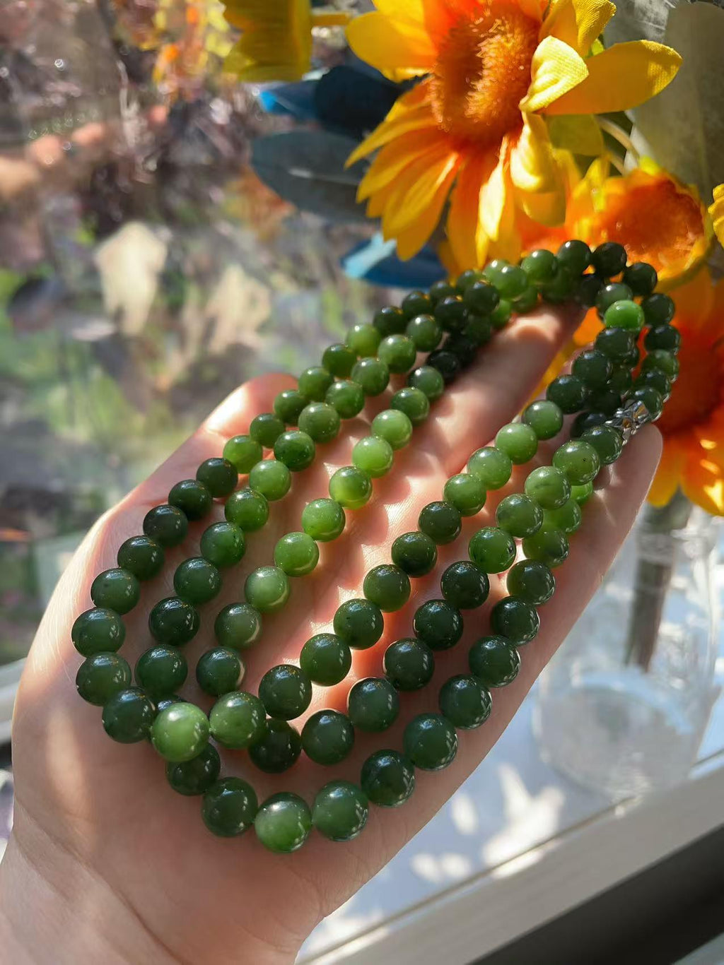 Natural Nephrite Jade Long Necklace | 36" Spinach Green Beaded Necklace | 8mm Round Jade Beads | Certified Real Jade Chain Necklace