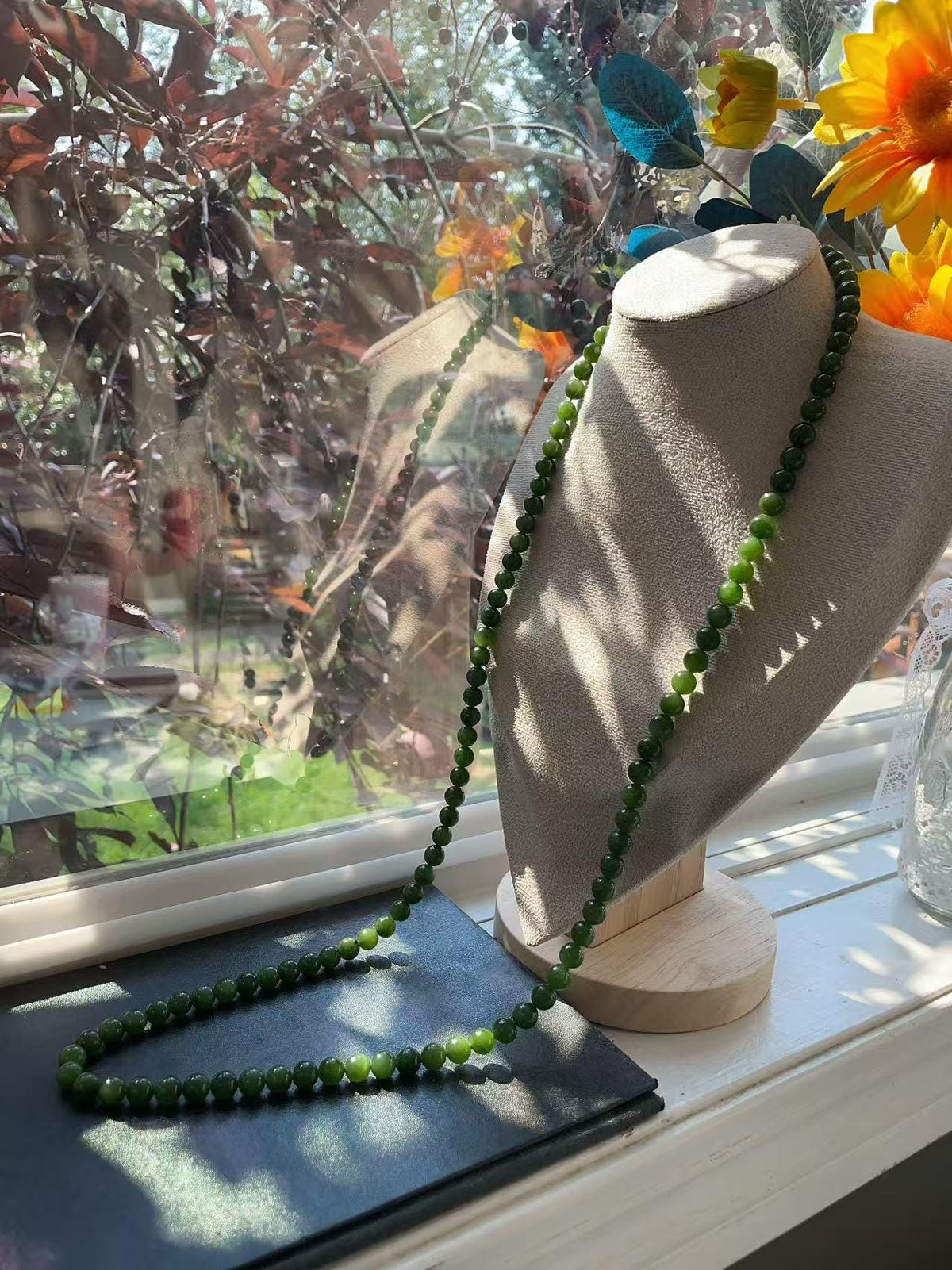 Natural Nephrite Jade Long Necklace | 36" Spinach Green Beaded Necklace | 8mm Round Jade Beads | Certified Real Jade Chain Necklace