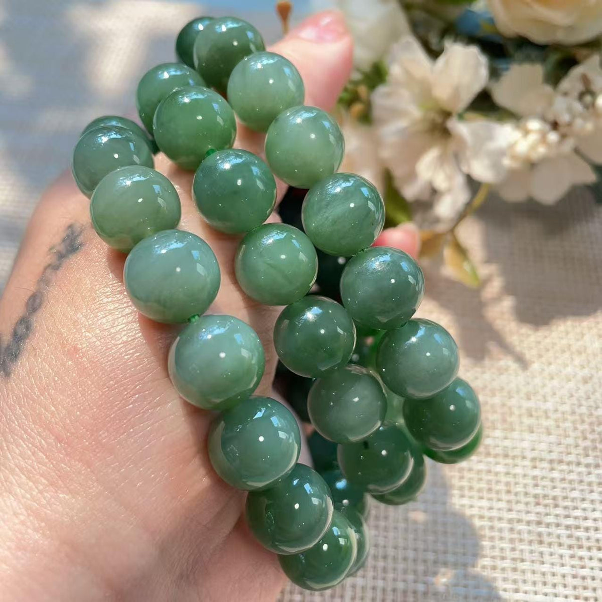 Certifeid Green Jade Bracelet ,12mm Green Jade Bracelet , Natural Nephrite Beads, Minimalist Luxury Jewelry, Certified Jade Gift