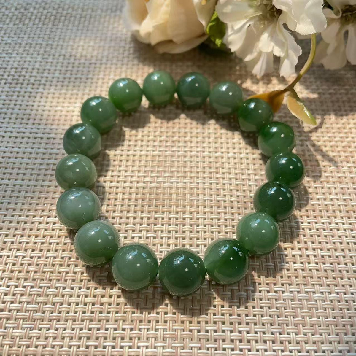 Certifeid Green Jade Bracelet ,12mm Green Jade Bracelet , Natural Nephrite Beads, Minimalist Luxury Jewelry, Certified Jade Gift