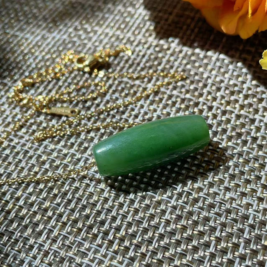 Natural Nephrite Jade Barrel Bead Necklace, Green Jade Tube Pendant, Minimalist 18K Gold Plated Chain, Certified Jade Gift