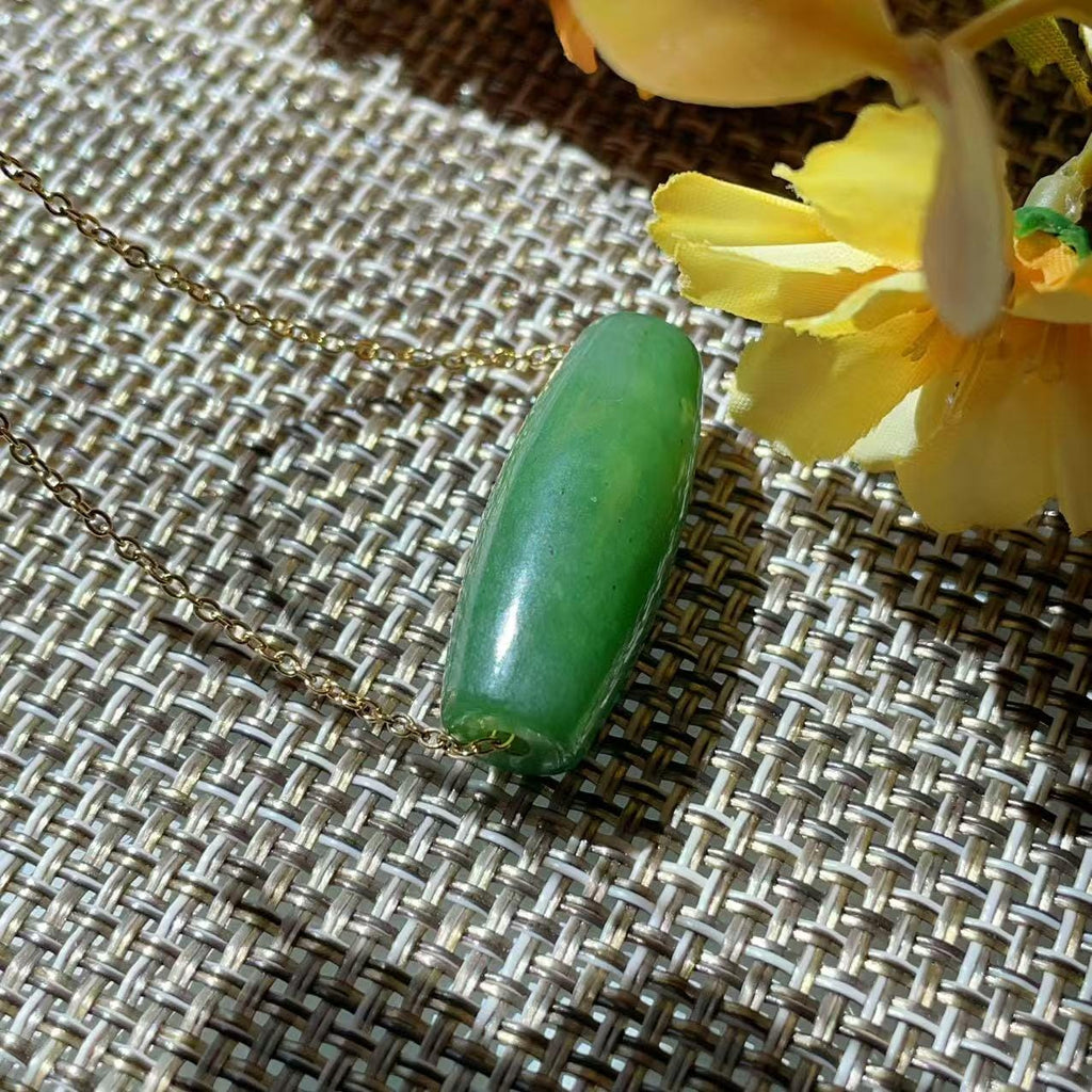 Natural Nephrite Jade Barrel Bead Necklace, Green Jade Tube Pendant, Minimalist 18K Gold Plated Chain, Certified Jade Gift