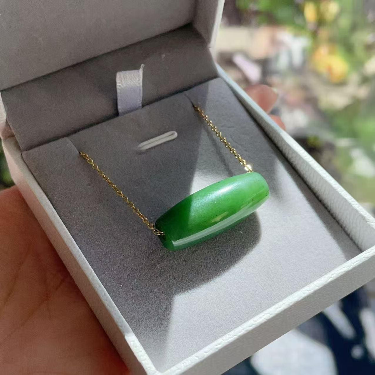 Natural Nephrite Jade Barrel Bead Necklace, Green Jade Tube Pendant, Minimalist 18K Gold Plated Chain, Certified Jade Gift