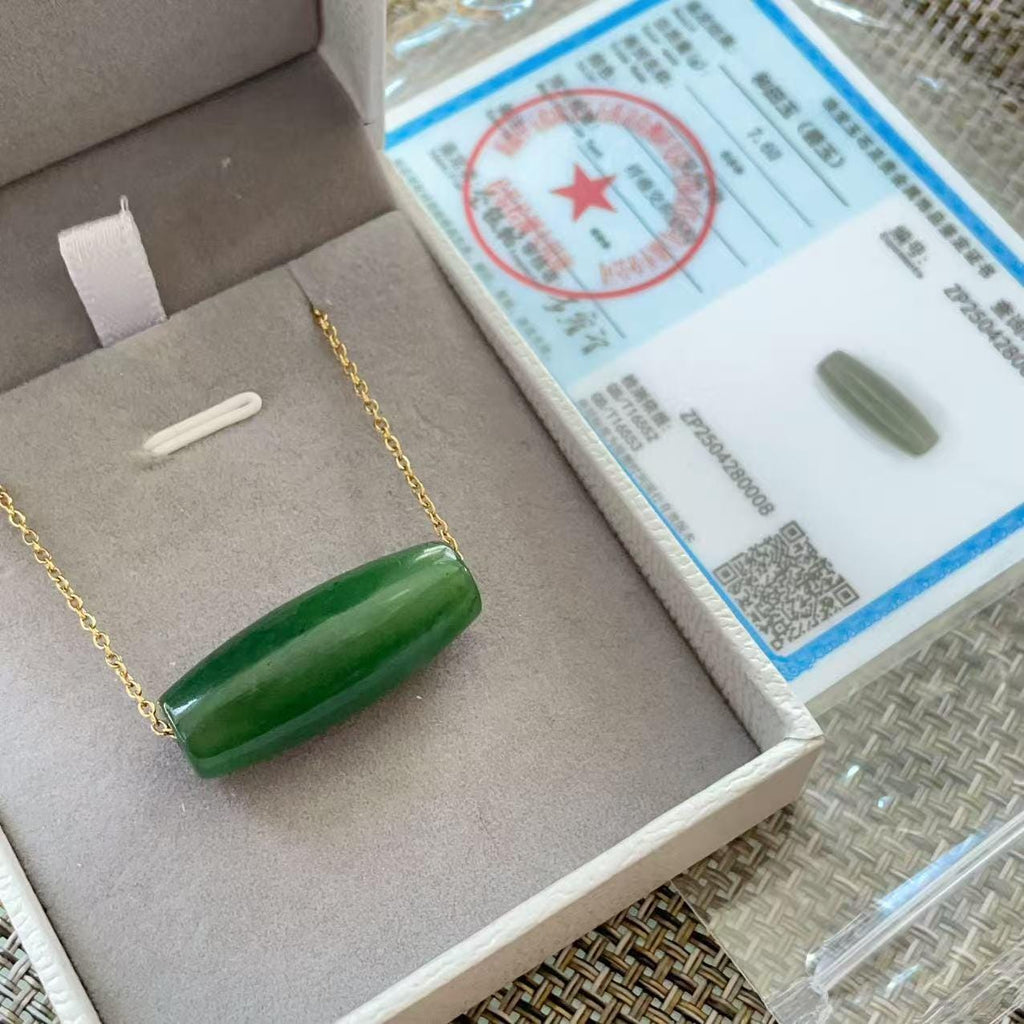 Natural Nephrite Jade Barrel Bead Necklace, Green Jade Tube Pendant, Minimalist 18K Gold Plated Chain, Certified Jade Gift