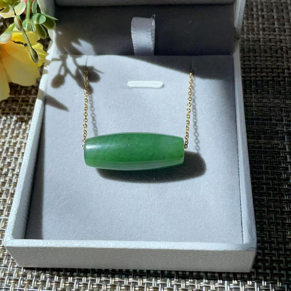 Natural Nephrite Jade Barrel Bead Necklace, Green Jade Tube Pendant, Minimalist 18K Gold Plated Chain, Certified Jade Gift