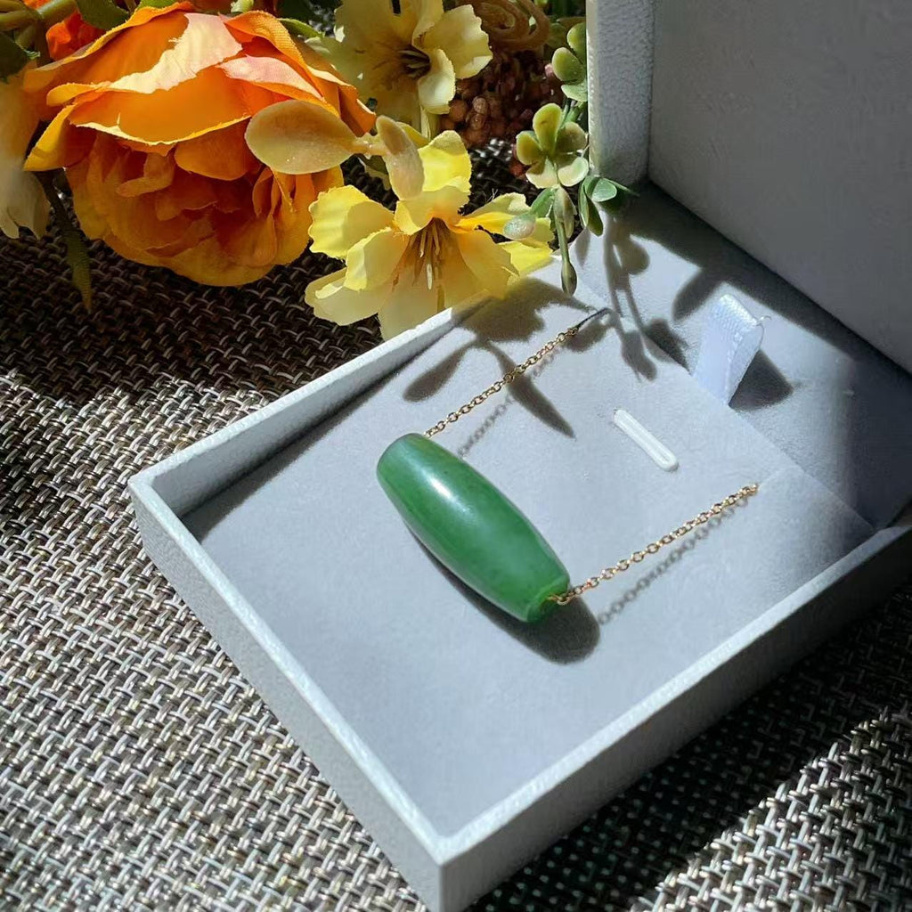 Natural Nephrite Jade Barrel Bead Necklace, Green Jade Tube Pendant, Minimalist 18K Gold Plated Chain, Certified Jade Gift