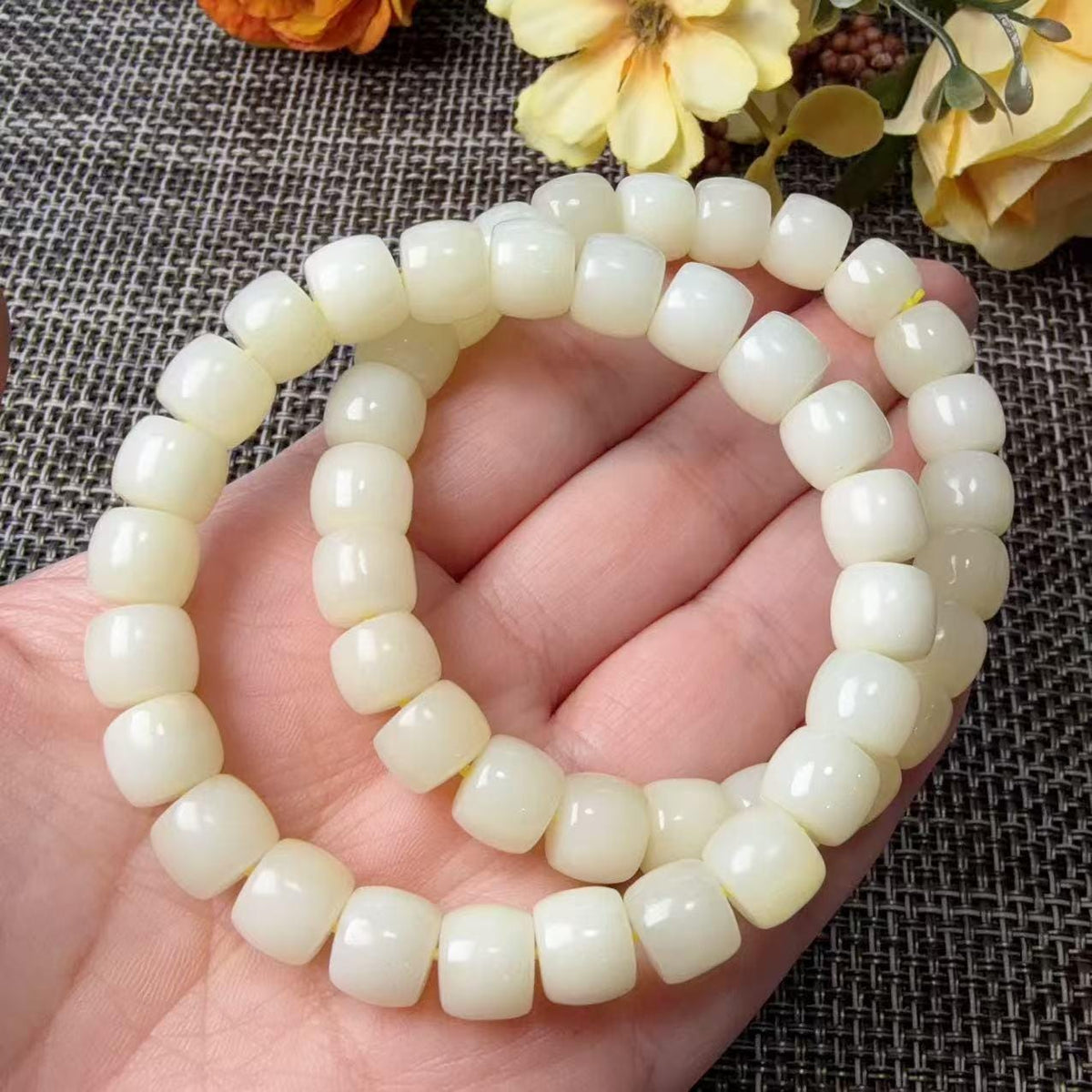 Natural Yellow Jade Barrel Bead Bracelet | Certified Yellow Jade Bracelet | Genuine Jade Stretch Bracelet | Minimalist Everyday Jewelry