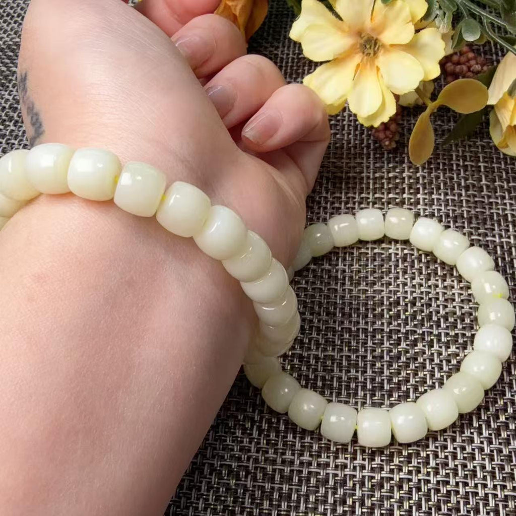 Natural Yellow Jade Barrel Bead Bracelet | Certified Yellow Jade Bracelet | Genuine Jade Stretch Bracelet | Minimalist Everyday Jewelry