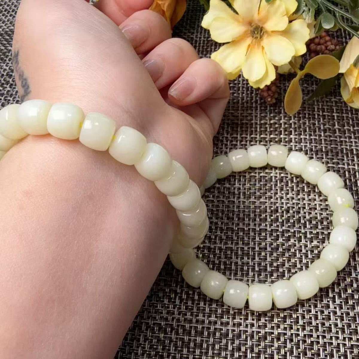 Natural Yellow Jade Barrel Bead Bracelet | Certified Yellow Jade Bracelet | Genuine Jade Stretch Bracelet | Minimalist Everyday Jewelry